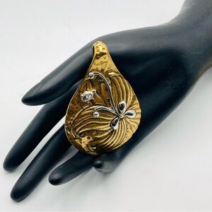 Fabulous Artisan Brass and Silver Floral Teardrop Pendant Rare Estate Statement